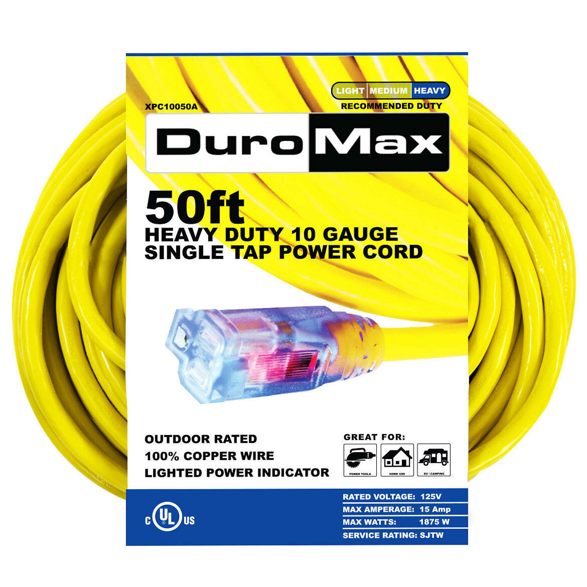 DuroMax, 50ft. 10 Gauge Single Tap Extension Cord, Amps 15 Cord Length 50 ft, Max. Volts 120 Model# XPC10050A